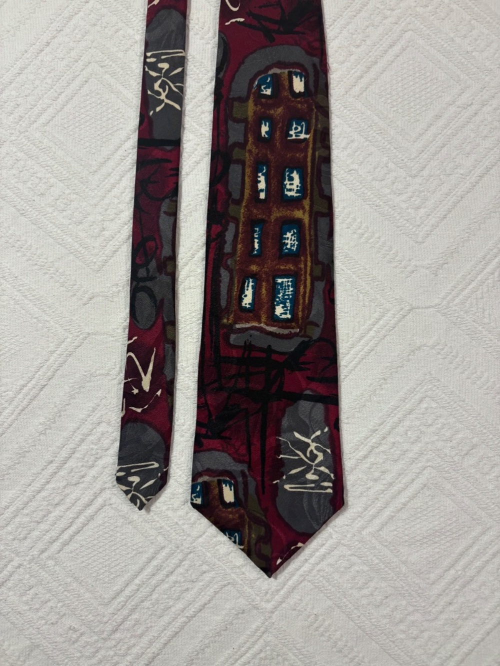 Anthony Richards Vintage 90s Abstract Art Silk Tie Burgundy Gray Red Wide 3.75"